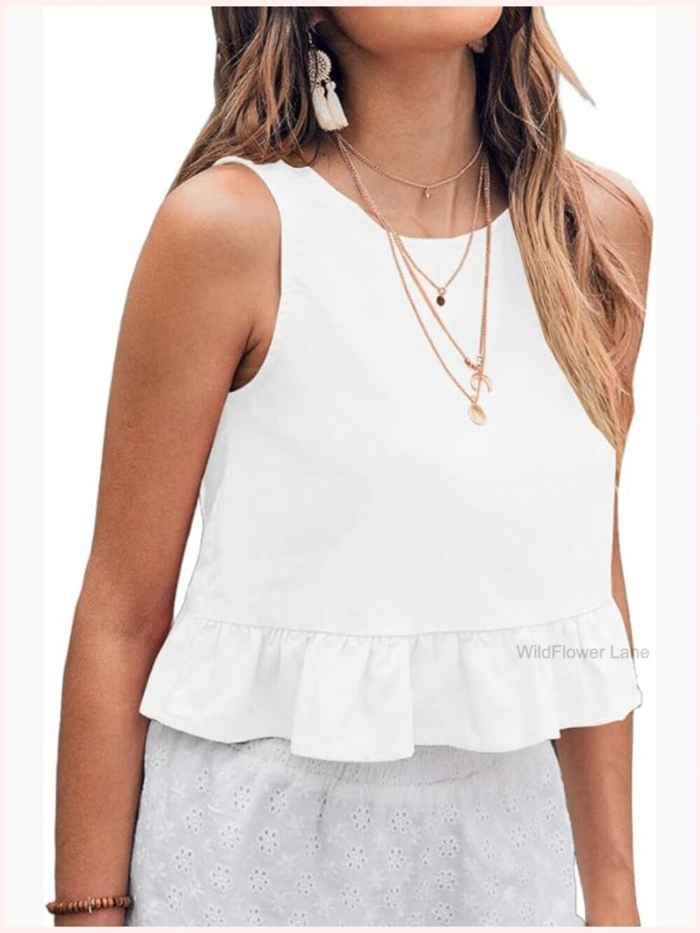 Linen Cropped Tank Top Sleeveless Crewneck Ruffle Blouse